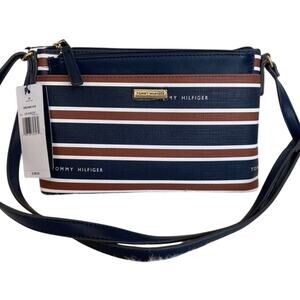 New Tommy Hilfiger Purse Bag Blue White and Brown Striped LOGO Crossbody Purse